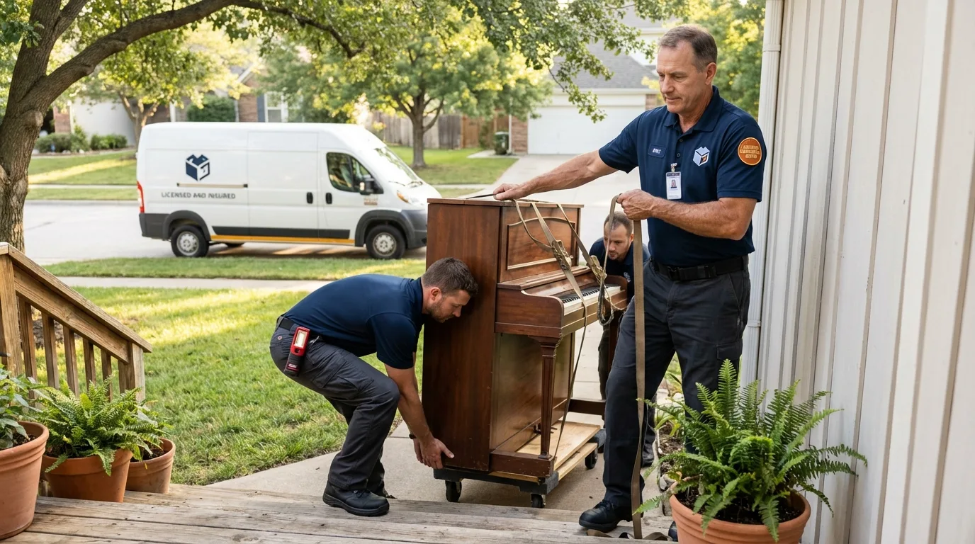 Licensed piano movers securing grand piano in Cuyahoga Falls, OH