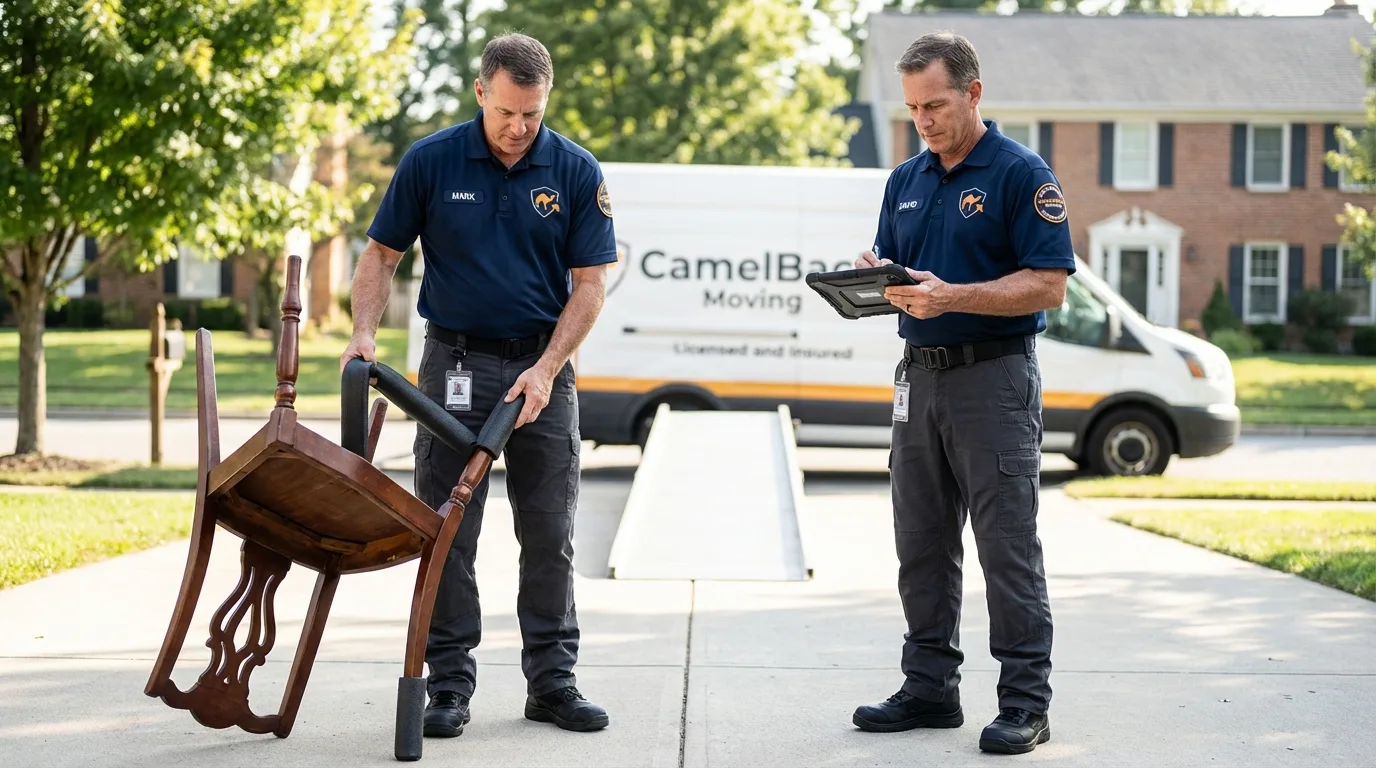 Movers inspecting furniture for damage prevention before loading in Cuyahoga Falls, OH
