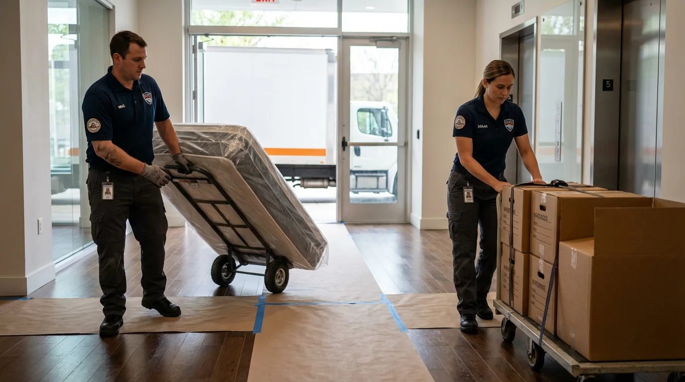 Professional apartment movers loading elevator in Cuyahoga Falls, OH