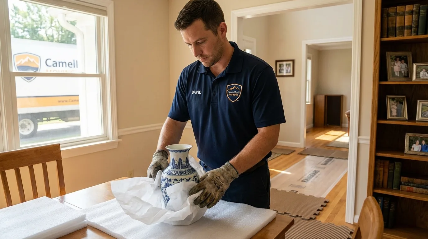 Professional crew carefully wrapping antique vase for senior downsizing move in Cuyahoga Falls, OH